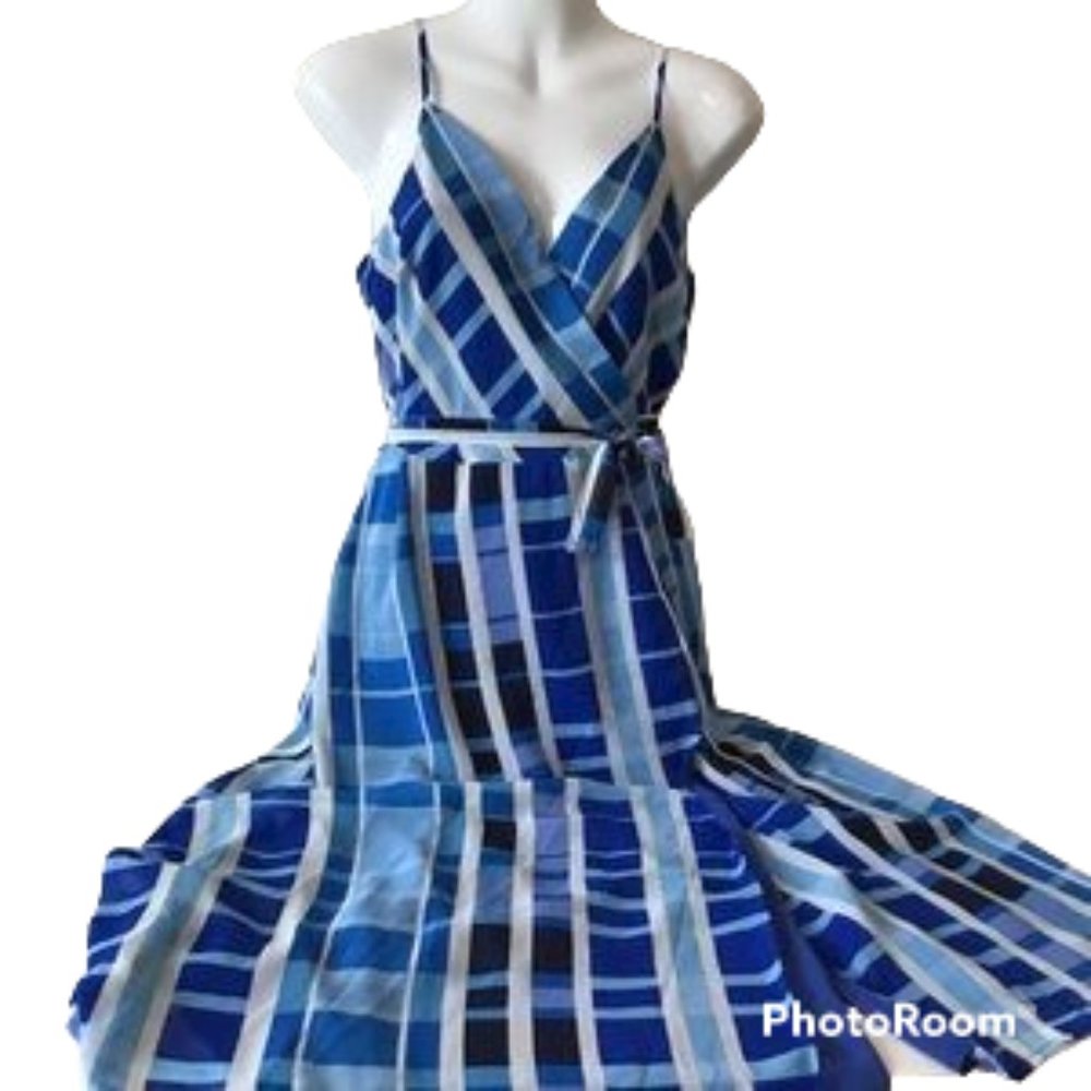 Dress Small Asymmetrical Wrap Midi Dress Blue White NWT $98